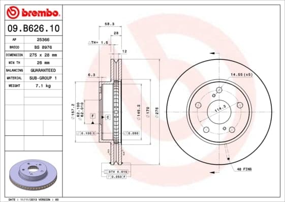 BREMBO Bremsscheibe 09.B626.10 belüftet Durchmesser 275 Stärke 28 mm 5 Bohrungen