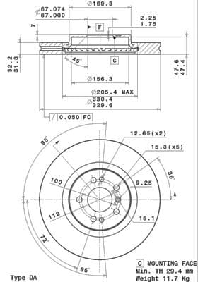 BREMBO disque de frein 09.R104.11 ventilé diamètre 330 épaisseur 32 mm 5 trous