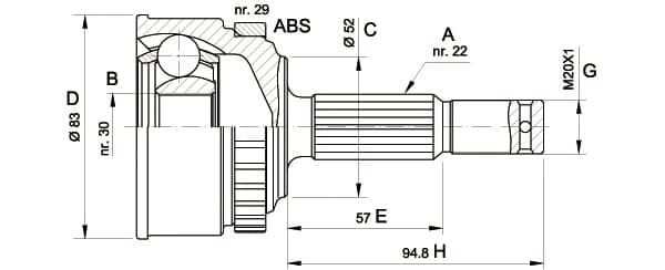 OPEN PARTS Gelenksatz Antriebswelle CVJ5303.10 Radseite 22/30 Zaehne ABS 29 Durchmesser 52 mm 57 mm